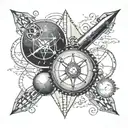 Atom with globe in middle, in front of compass rose, open book, telescope, and beneath a magnifying glass over the text  tattoo design idea