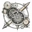 Atom with globe in middle, in front of compass rose, open book, telescope, and beneath a magnifying glass over the text  tattoo design idea