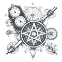 Atom with globe in middle, in front of compass rose, open book, telescope, and beneath a magnifying glass over the text  tattoo design idea