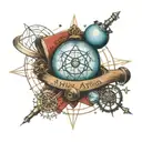 Atom structure with globe in middle with finland, an open book, compass rose, telescope, and text "per aspera ad astra"  tattoo design idea