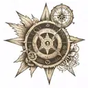 Atom structure with globe in middle with finland, an open book, compass rose, telescope, and text "per aspera ad astra"  tattoo design idea