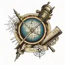 Atom structure with globe in middle with finland, an open book, compass rose, telescope, and text "per aspera ad astra"  tattoo design idea