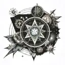 Atom structure, open book, compass rose, telescope pointing at moon, text "Per aspera ad astra" tattoo design idea