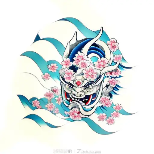 Oni Mask with Cherry Blossoms and waves tattoo design idea