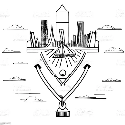 A minimalist tattoo of a mudlarking tool or equipment with the London skyline in the background tattoo design idea