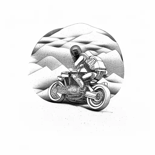 A motorcycle speeding through a desert landscape with rock music lyrics written in the sky tattoo design idea