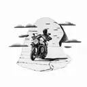 A motorcycle speeding through a desert landscape with rock music lyrics written in the sky tattoo design idea