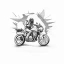 A motorcycle speeding through a desert landscape with rock music lyrics written in the sky tattoo design idea