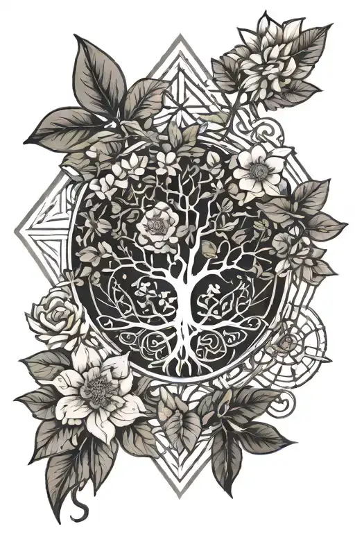 tree of life and columbine flower tattoo design idea