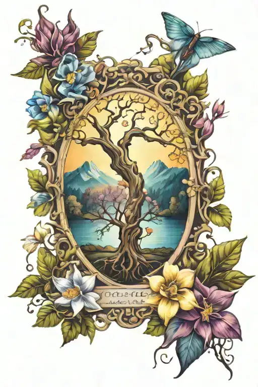 tree of life and columbine flower tattoo design idea