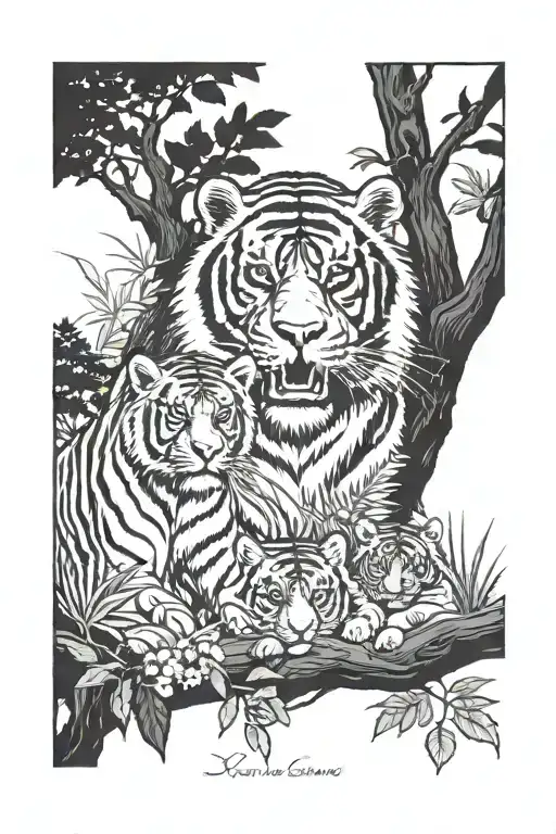 Chimp and tiger in nature scene tattoo design idea