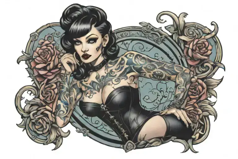 Naomi Misora in a leather corset in a pin up pose tattoo design idea