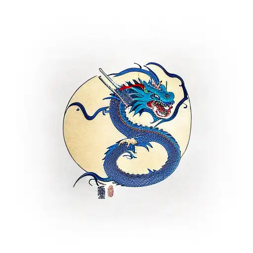 samourai and dragon and torii gate and sakura and mont fuji mixed altogether  tattoo design idea