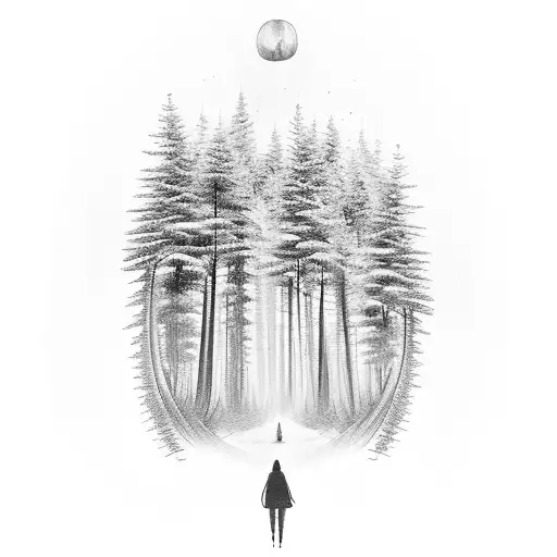 A serene forest scene with a hidden symbol representing brotherhood subtly integrated into the trees tattoo design idea