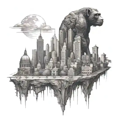 A metropolis skyline with hidden old bonobo faces in the architecture tattoo design idea