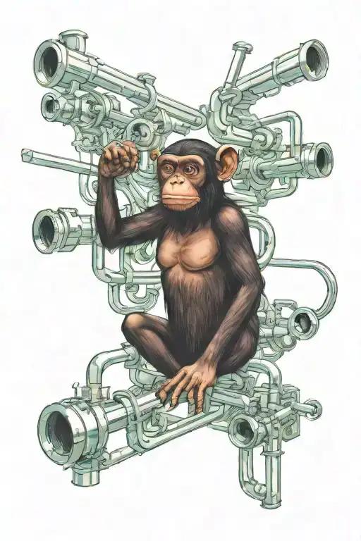 A bonobo exploring a maze of industrial pipes and machinery in a dystopian metropolis tattoo design idea