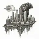 A metropolis skyline with hidden old bonobo faces in the architecture tattoo design idea