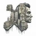 A metropolis skyline with hidden old bonobo faces in the architecture tattoo design idea