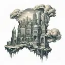 A metropolis skyline with hidden old bonobo faces in the architecture tattoo design idea