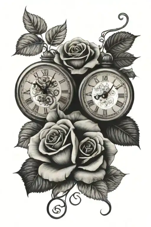 2 roses with a clock in the middle showing the time 7:36 pm tattoo design idea