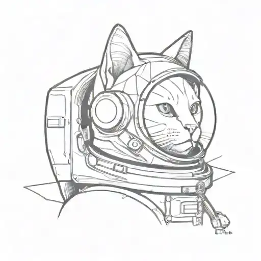 A geometric surreal black cat in an astronaut helmet tattoo design idea
