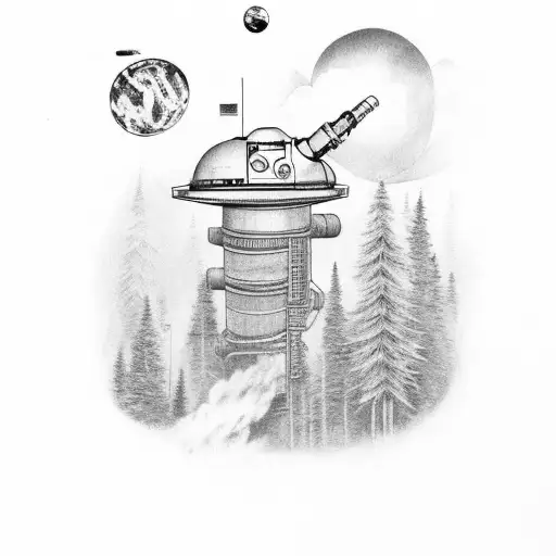 army tank going up stairway to space. Tank shoots out forest and mountain of it's cannon..  tattoo design idea