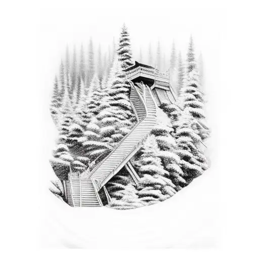 army tank going up stairway to heaven. Tank shoots aforest and mountain. Standing in the mountain is a male stag.  tattoo design idea