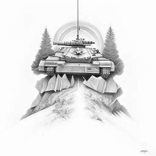 army tank going up stairway to heaven. Tank shoots out forest and mountain of it's cannon..  tattoo design idea