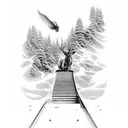 army tank going up stairway to heaven. Tank shoots aforest and mountain. Standing in the mountain is a male stag.  tattoo design idea