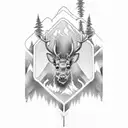 army tank going up stairway to heaven. Tank shoots aforest and mountain. Standing in the mountain is a male stag.  tattoo design idea