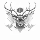 army tank going up stairway to heaven. Tank shoots aforest and mountain. Standing in the mountain is a male stag.  tattoo design idea