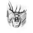 army tank going up stairway to heaven. Tank shoots aforest and mountain. Standing in the mountain is a male stag.  tattoo design idea