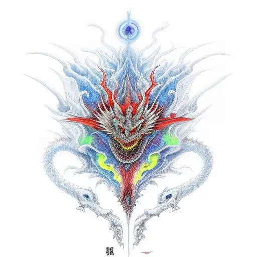 2 dragons one blue one red coiling up spine with chakras breathing fire down each arm with sperit animals in the flames  tattoo design idea