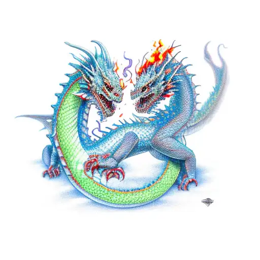 2 dragons one blue one red helixingup spine with chakras breathing fire down each arm with sperit animals in the flames  tattoo design idea
