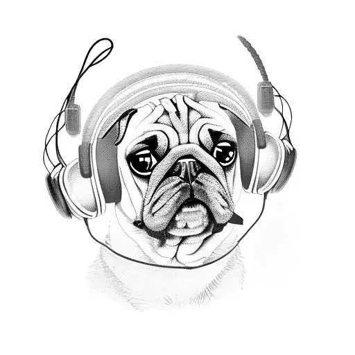 A portrait of your pug dog wearing a pair of headphones and surrounded by sound waves, symbolizing your love for both your dog and music tattoo design idea