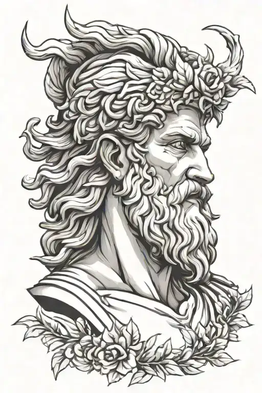Zeus Statue Tattoo Template      Zeus’s Head and Wreath:         Head: Outline of Zeus’s face with a strong, defined jaw tattoo design idea