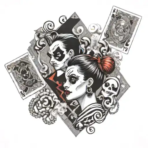 A smoke-filled background with Harley Quinn and Joker playing cards tattoo design idea