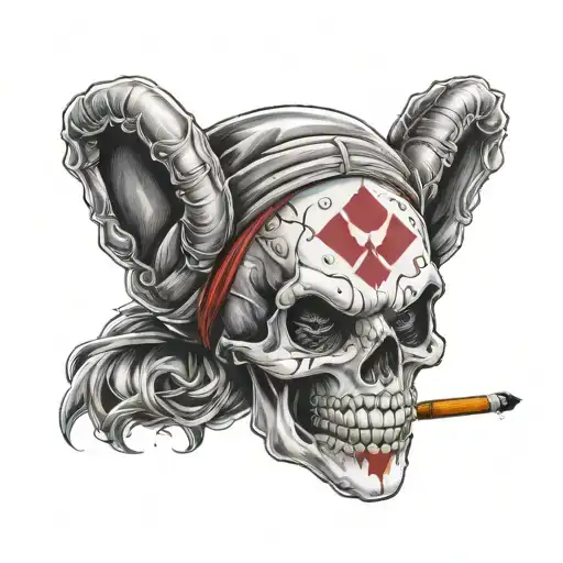 A smoking skull with Harley Quinn and Joker inspired face paint designs tattoo design idea