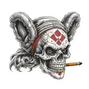 A smoking skull with Harley Quinn and Joker inspired face paint designs tattoo design idea