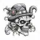 A smoking skull with Harley Quinn and Joker inspired face paint designs tattoo design idea