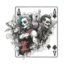 A smoke-filled background with Harley Quinn and Joker playing cards tattoo design idea