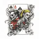 A smoke-filled background with Harley Quinn and Joker playing cards tattoo design idea