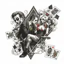 A smoke-filled background with Harley Quinn and Joker playing cards tattoo design idea