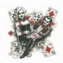 A smoke-filled background with Harley Quinn and Joker playing cards tattoo design idea