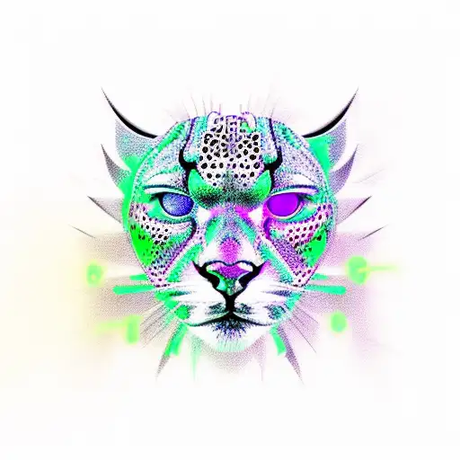 A new-school design of a futuristic cyborg cheetah with neon colors, symbolizing the intersection of gaming and technology tattoo design idea