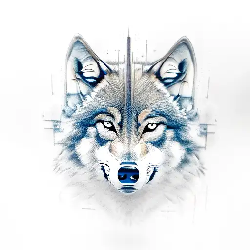 A realistic portrait of a wolf wearing a virtual reality headset, immersed in a gaming world tattoo design idea