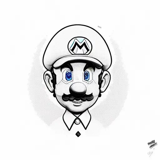 A realistic portrait of Mario in a new-school style tattoo design idea