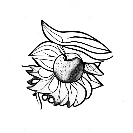 green leafage with a kiwi, a lychee, a peach, a quina fruit tattoo design idea