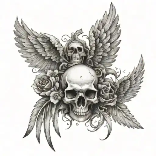 a design with angel wings and a skull in the middle in black and white tattoo design idea