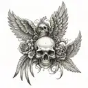 a design with angel wings and a skull in the middle in black and white tattoo design idea